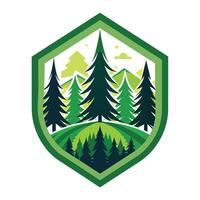 Green Mountains and Pine Trees in a Hexagon Shield Illustration vector