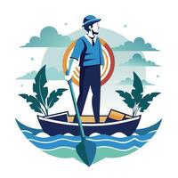 Man Rowing Boat in Calm Waters With Tropical Plants vector