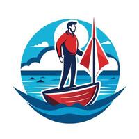 Man Standing on Red Sailboat in Blue Ocean With Clouds vector