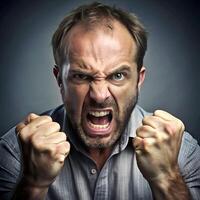 Angry man with clenched fists expressing intense anger and frustration on a dark background photo