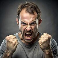 Angry man with clenched fists expressing intense anger and frustration on a dark background photo