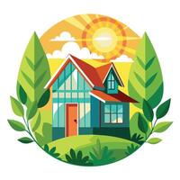 Modern House With Red Roof and Large Windows in Sunny Landscape vector