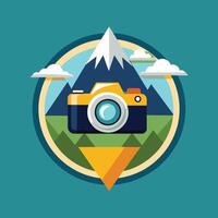 A Yellow Camera In Front Of A Mountain Landscape vector