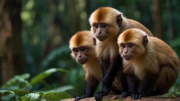 three monkeys sitting on a log in the jungle photo