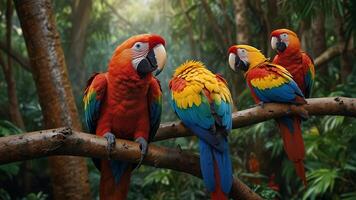 colorful parrots sitting on a branch in the jungle photo