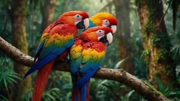 colorful parrots sitting on a branch in the jungle photo