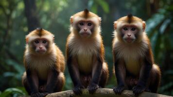 three monkeys sitting on a log in the jungle photo