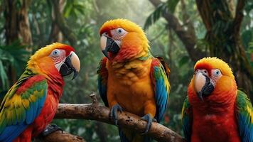colorful parrots sitting on a branch in the jungle photo