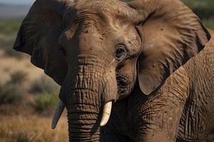 an elephant is walking in the grass photo