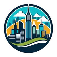 Cityscape With Tall Buildings and Clouds in a Circular Design vector