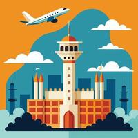 Airplane Flying Over a Cityscape With a Tall Minar in the Center vector