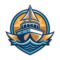 Cartoon Boat Sailing on Ocean Waves With Sun in the Background vector