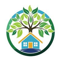 Green Tree and House Logo Design With Circular Frame vector