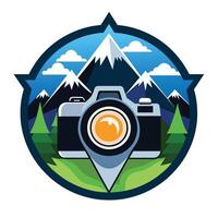 Camera Lens Over Mountains Scene In Circular Design vector