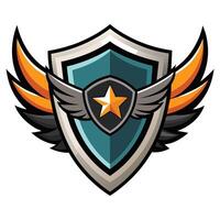 A Digital Illustration of a Silver Shield With Wings and a Gold Star vector
