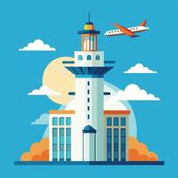 Airport Control Tower With Airplane Flying Overhead vector
