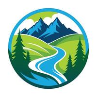 Blue River Winding Through Green Valley With Mountain Range In The Background vector