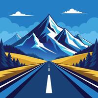 Scenic Mountain Road Leading Through a Valley With Snow Capped Peaks and Clouds in the Sky vector