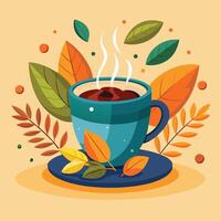 A Blue Mug of Coffee With Autumn Leaves Illustration vector