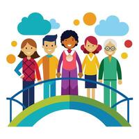 Diverse Group Standing On Rainbow Bridge vector