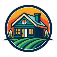 A Green House With a Red Roof and Yellow Door in a Field at Sunset vector