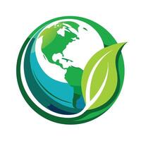 Green Globe With Leaf Design and Continents vector
