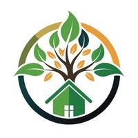 Green Tree and House Logo Design With Circle and Leaves vector