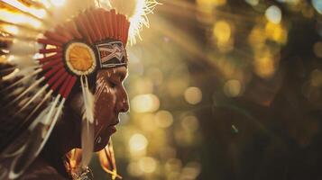 Native american wearing headdress with feathers and bokeh background photo