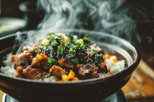 Rice with beef and vegetables in a bowl on a wooden table photo