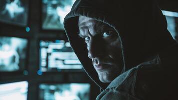 Hacker in hoodie using laptop photo