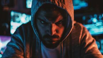 Hacker in hoodie using laptop photo