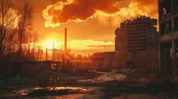Abandoned industrial area at sunset. Industrial zone in the evening photo
