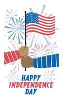 Independence Day banner with two hands holding a US flag and red and blue fireworks in the background. Independence Day. Vertical poster, banner, flyer, greeting card vector