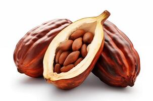 Cocoa beans with cocoa pod isolated on white background photo