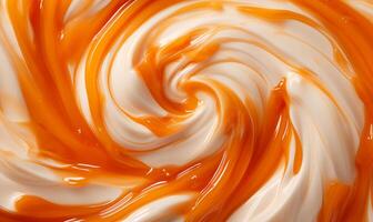 Greek yogurt with caramel syrup swirl, close up texture, top view background photo
