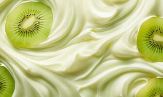 Yogurt with kiwi slices, top view, fruit background photo
