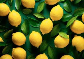 Lemon with leaves background, top view, heap of citrus fruits photo
