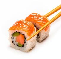 Sushi rolls with salmon on white background, copy space photo