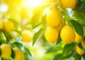 Lemons branch close-up in fruit orchard background with copy space photo