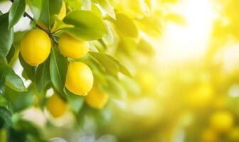 Lemon tree branch close-up in fruit orchard background with copy space photo