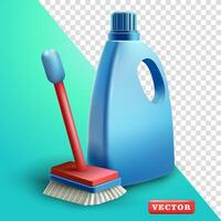 Brush and bottle of floor cleaning fluid, 3d. Suitable for hygiene and design elements vector