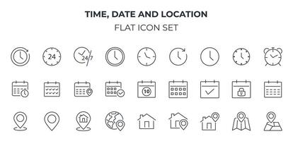 Date, time and location icon set vector