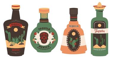 Tequila bottle set isolated on white background. Different Glass bottles with cactus, skull, agave, national hat, vintage labels, mexican elements. Alcoholic beverages in retro style. vector