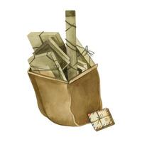 Mail bag with letters and parcels. Watercolor illustration. All elements are hand-painted in brown using watercolors. Suitable for printing on cards, scrapbooking, design vector