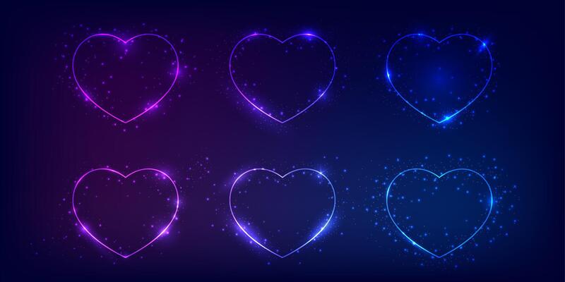 Set of six neon frames with shining effects