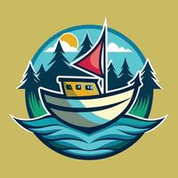 Illustrated Boat Sailing on a Sunny Day in a Forest Setting vector