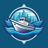 White Boat Sailing Through Blue Ocean Waves With Mountain Landscape in the Background vector