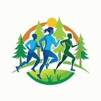 Three Runners Jogging Through Forest on Sunny Day vector