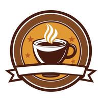 Steaming Cup of Coffee in Brown Circle Badge With Stars vector