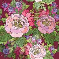 Seamless pattern with various flowers and peonies, bright colorful summer flowers on a dark background vector